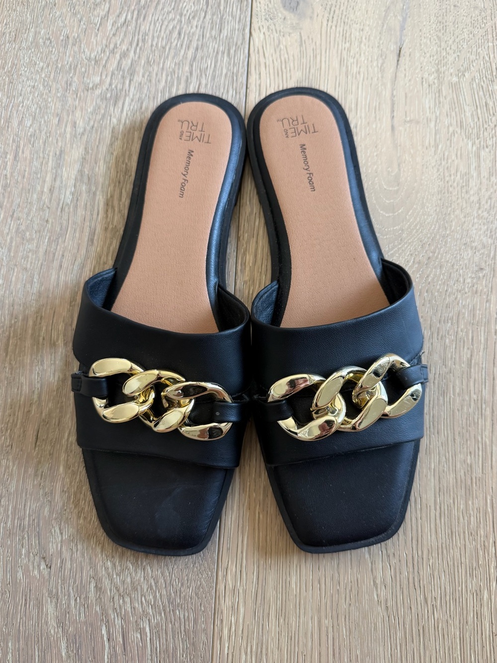 Time and Tru Black Faux Leather Sandals with Gold Chain Detail